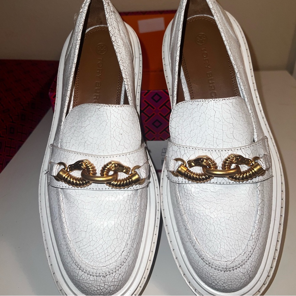 White Tory Burch loafers *heavy* super stylish